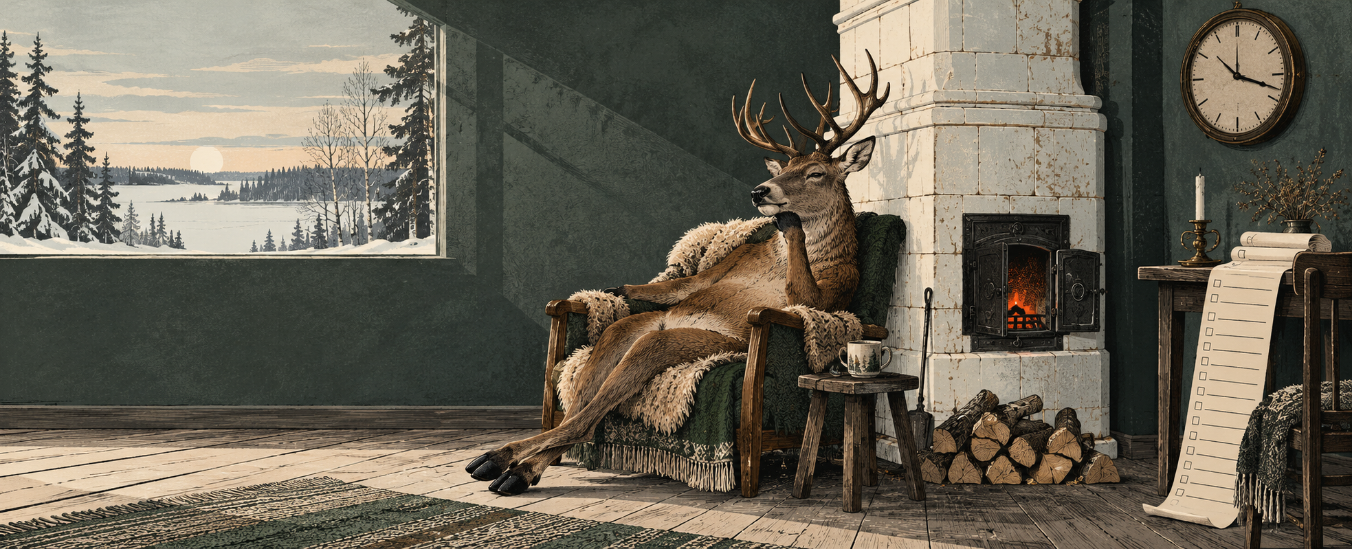 A weary deer lounges beside a tiled stove while a winter day and a task ledger wait nearby